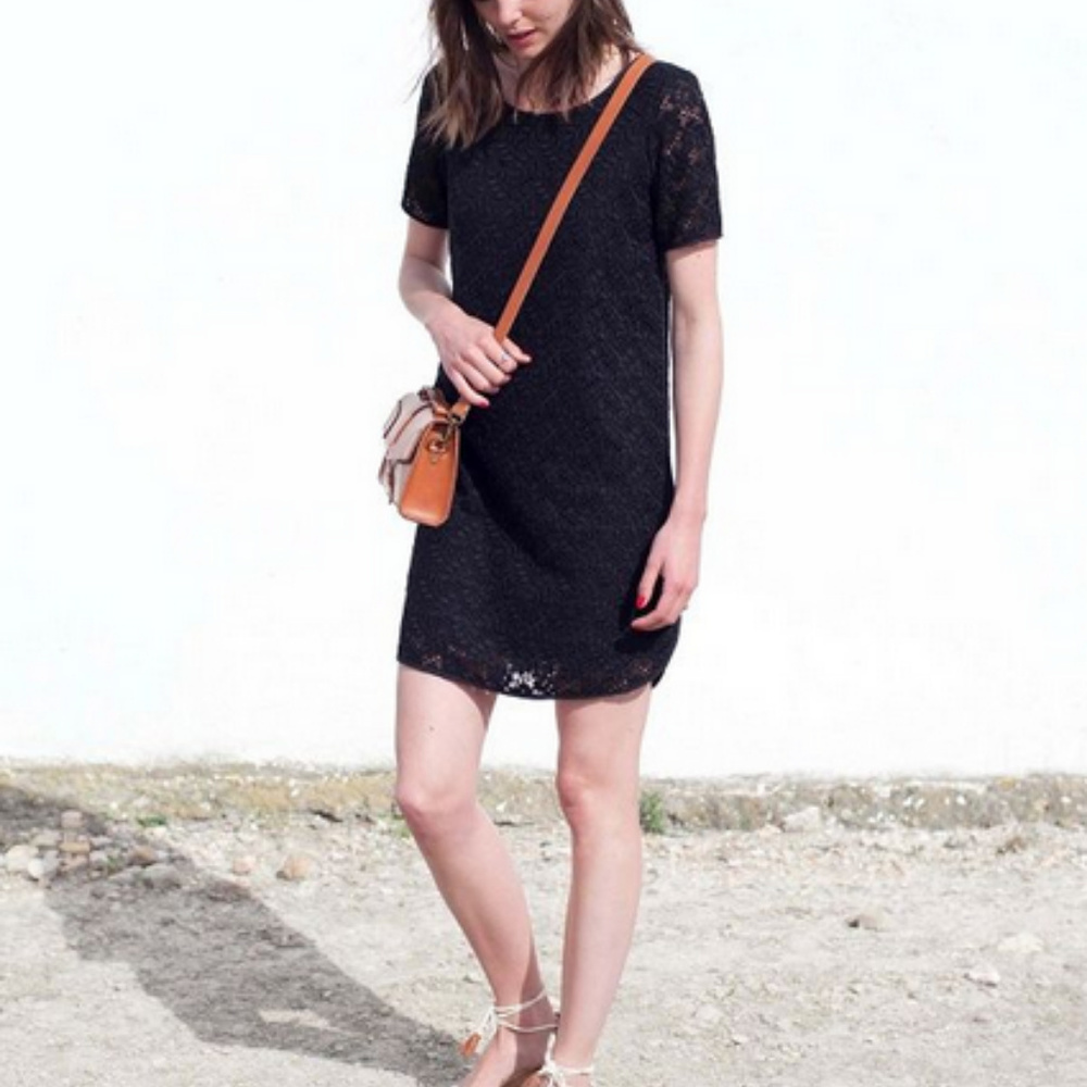 Sezane french lace short sleeve black shift dress